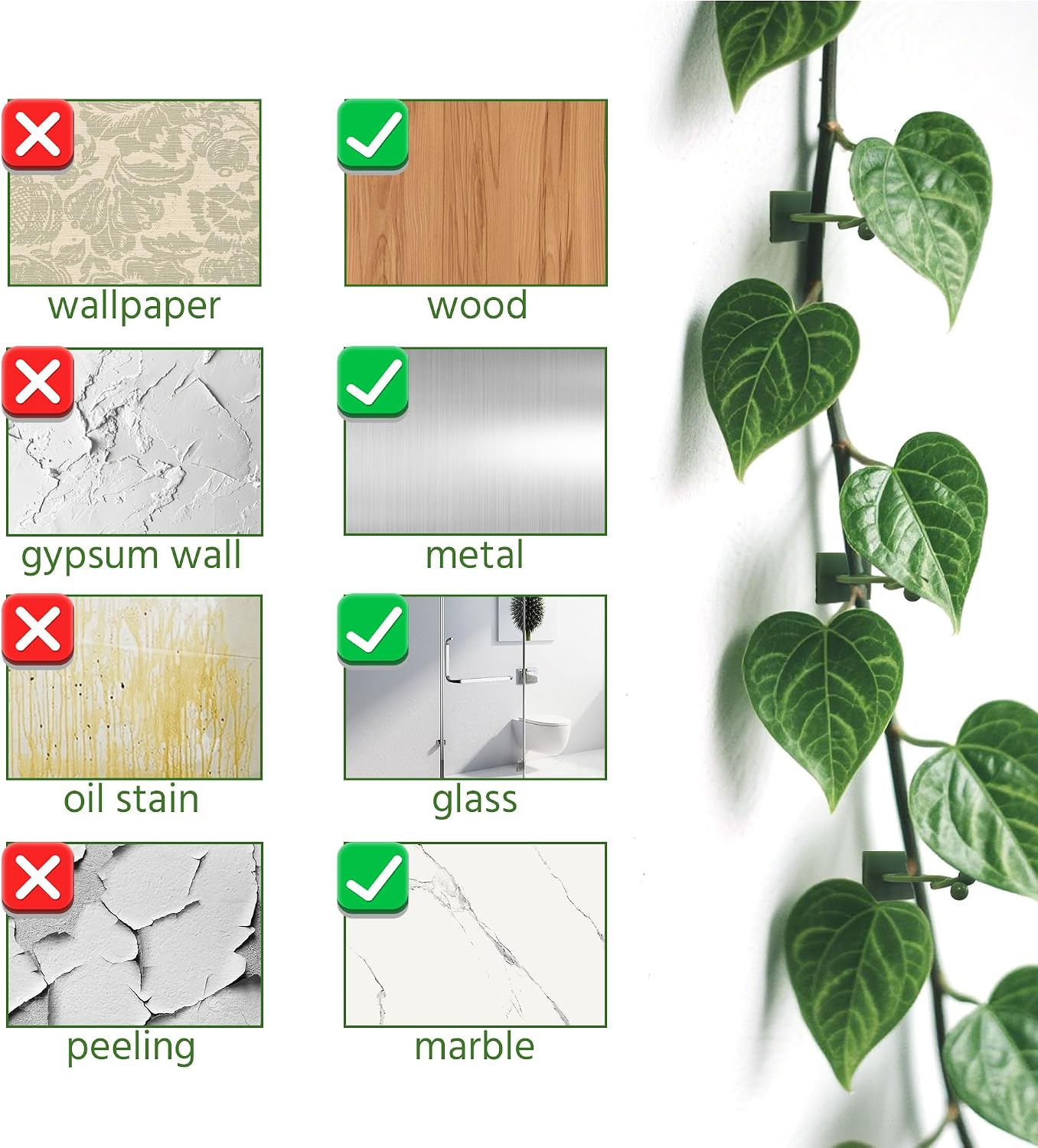 Beurio Plant Clips for Wall, 30 Pcs Self Adhesive Vine Clips | 3 sizes, smooth-surface adhesive, ivy and pothos support, green plastic, cable tidying
