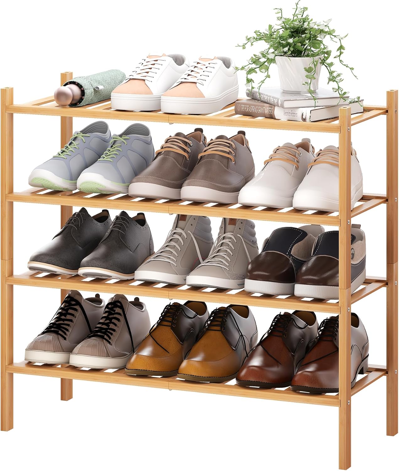 BMOSU 2-Tier Bamboo Small Shoe Rack Premium Stackable Shoe Shelf Storage Organizer for Hallway Closet Living Room Entryway Organizer (Black Bamboo)