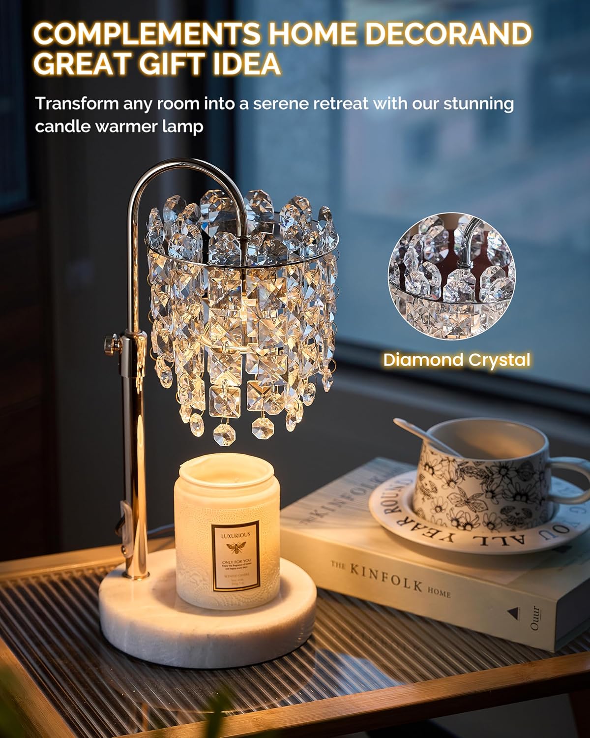Candle Warmer Lamp with Timer Dimmer Adjustable Height Candle Warmer with Marble Base for Jar Candles, Crystal Candle Lamp with 3 Bulbs for New Home Decor, Women Mom Christmas Birthday Gifts, Silver