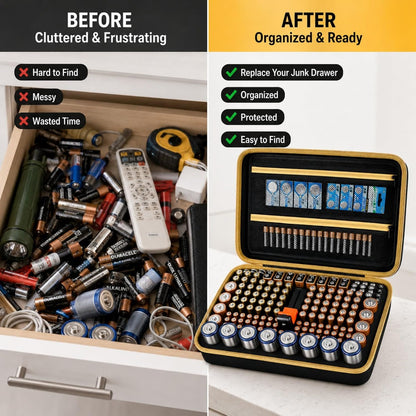 Comecase Battery Storage Case with Tester, Holds 148+ AA AAA C D 9V, Black | Hard-Shell Design, Carry Handle and Custom Foam Slots Keep Batteries Visible, Separated and Ready for Home, Garage or Office