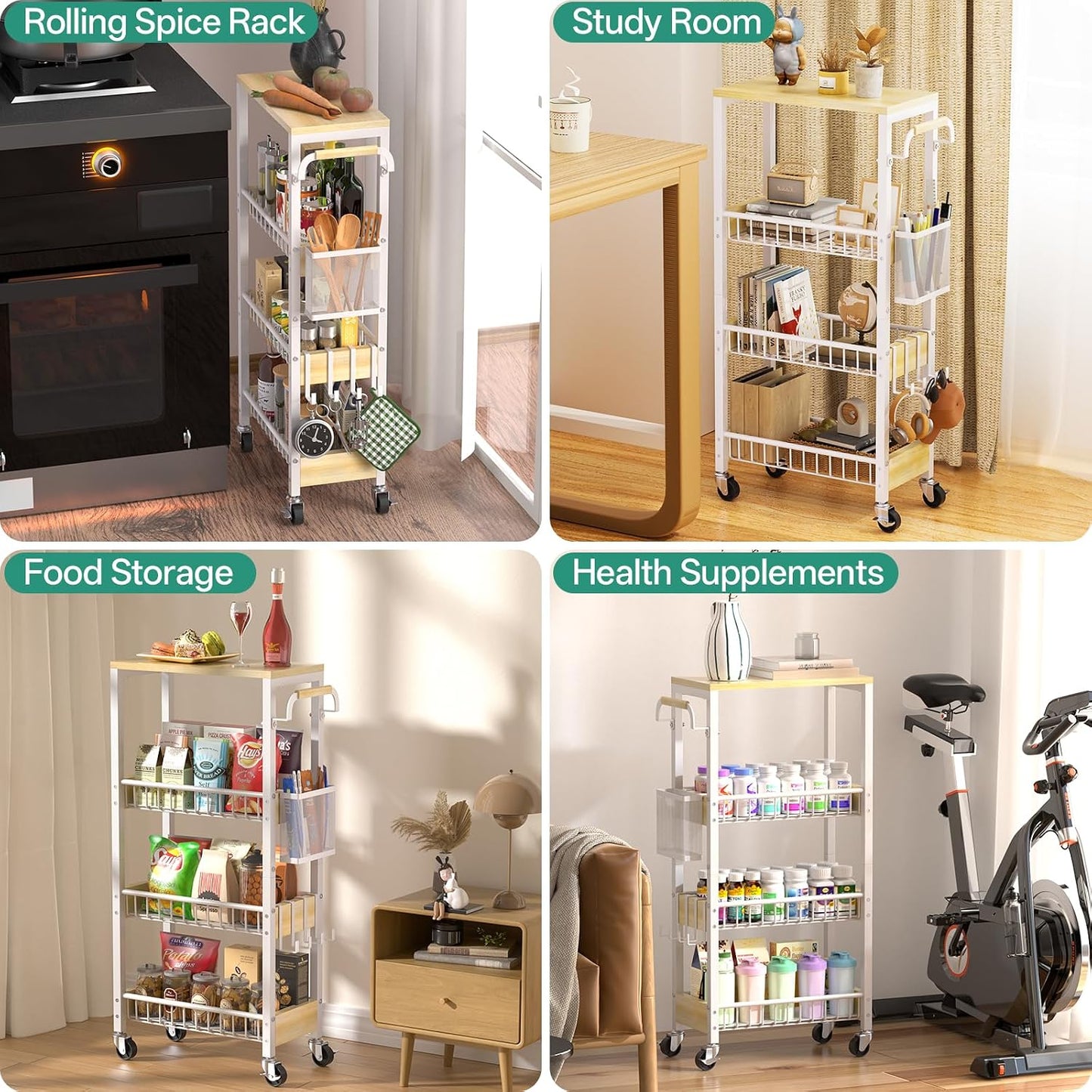 DTUQYX Slim Rolling Storage Cart, 4 Tier Small Organizer Cart with Wheels, Metal Utility Shelf Kitchen Bathroom Laundry Room Organization Trolley with Handle for Narrow Space (9.1" W Metal Basket)