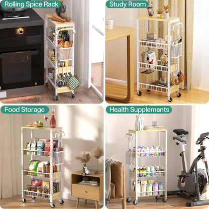 DTUQYX Slim Rolling Storage Cart, 4 Tier Small Organizer Cart with Wheels, Metal Utility Shelf Kitchen Bathroom Laundry Room Organization Trolley with Handle for Narrow Space (9.1" W Metal Basket)