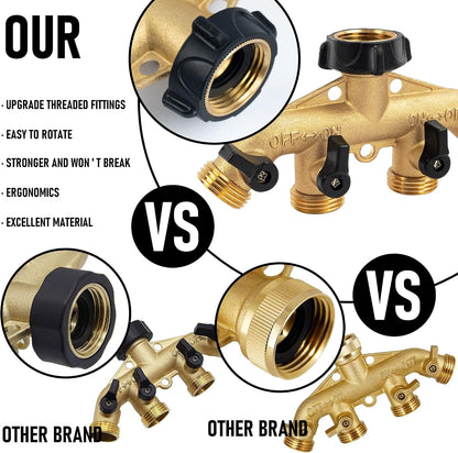 Hourleey Brass Garden Hose Splitter 2 Way, 3/4 Inch Hose Connector Tap Splitter, Hose Y Splitter, Hose Spigot Adapter 2 Valves with Extra Rubber Washers