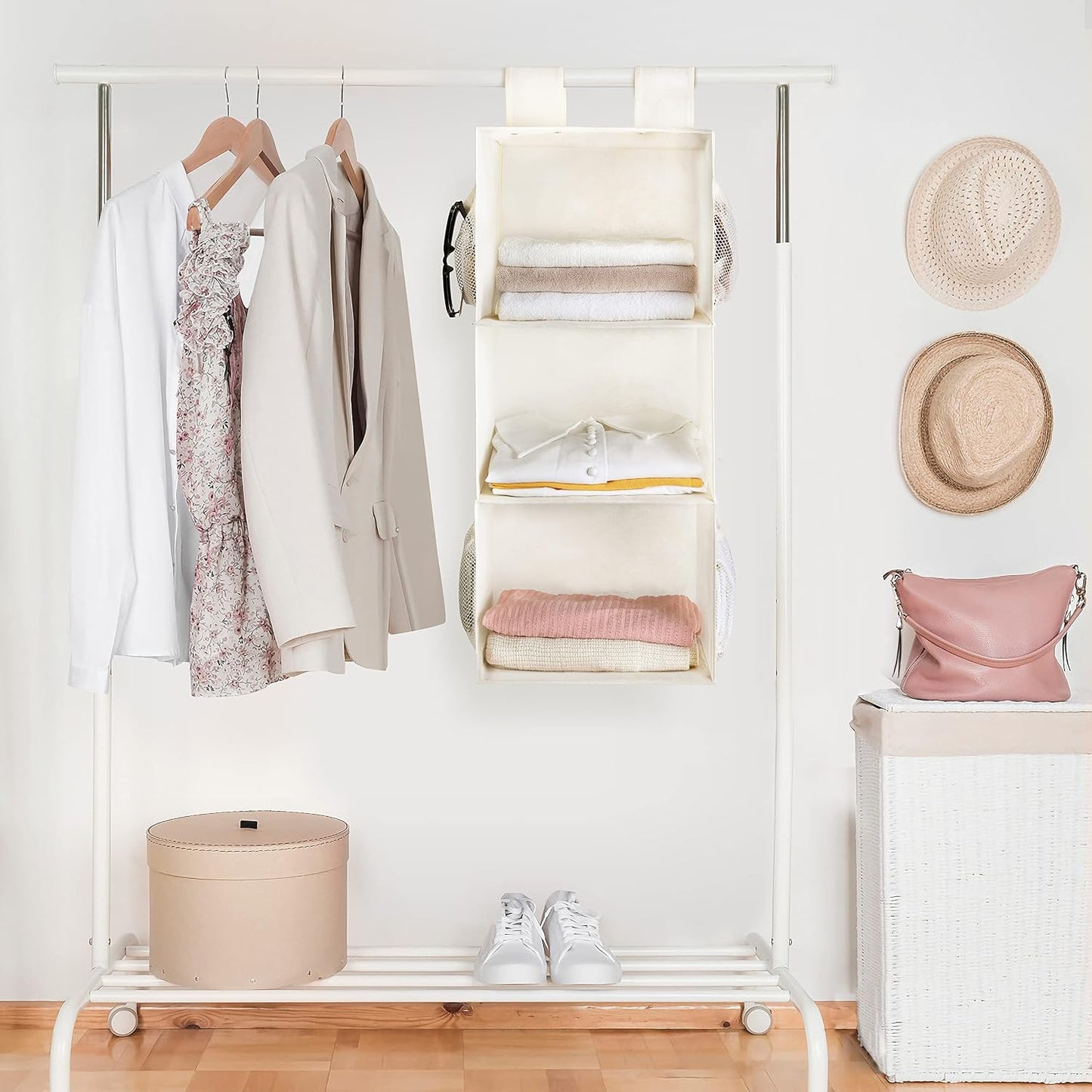 MAX Houser 3 Tier Shelf Hanging Closet Organizer, Space Saver,Closet Hanging Shelf with 2 Sturdy Hooks for Storage, Foldable (Grey)