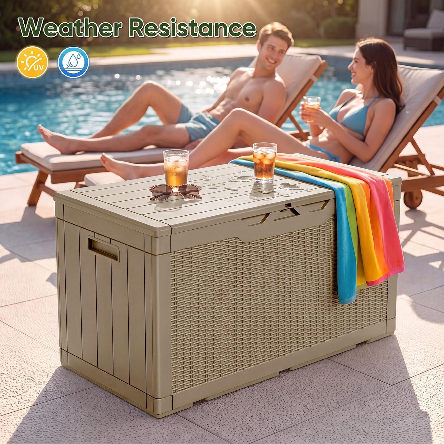 Flamaker Outdoor Storage Box 80 Gallon Resin Waterproof Deck Box Delivery Box with Wood Texture Large Storage Bin for Patio Cushions, (Grey)