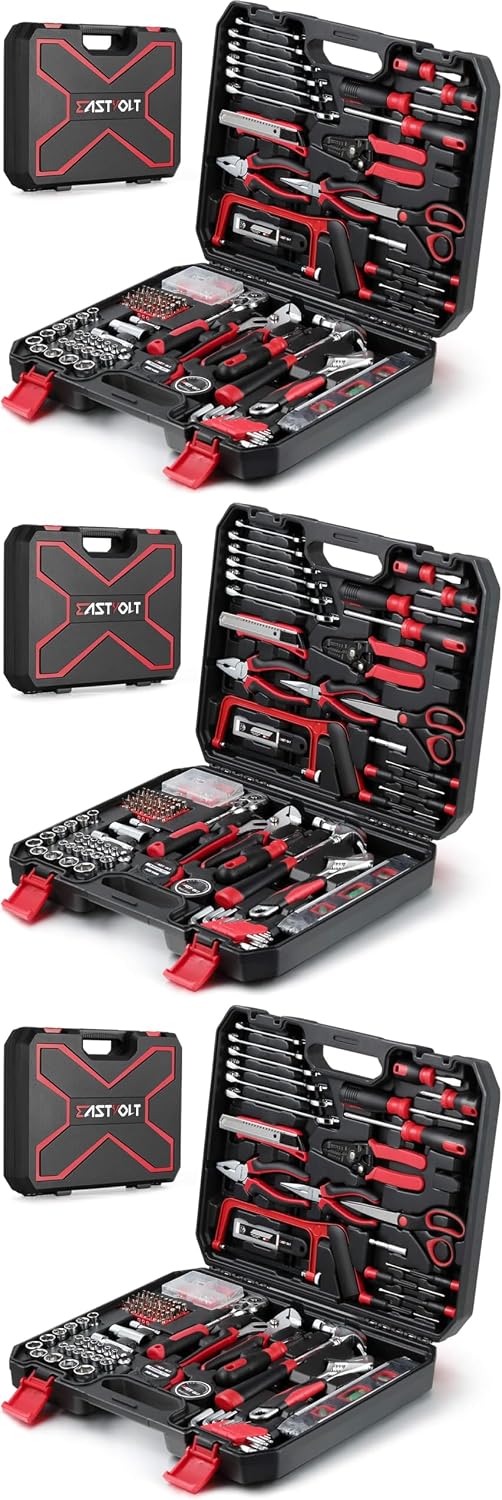 Eastvolt 128-Piece Home Repair Tool Set, Tool Sets for Homeowners, General Household Hand Tool Set with Storage Toolbox, EVHT12801, Black + Red (ASK01)