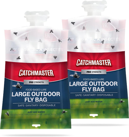 Catchmaster Reusable Outdoor Fly Trap, 2 Hanging Blue Jars with Bait | Catches All Species of Fly, Fly Traps Outdoor w/ Food-based lure, Odor Attracts Flies Away From People, Refill & Reuse