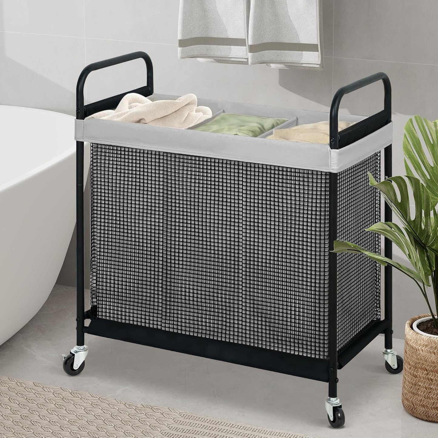 STO STO Laundry Hamper 3 Section, 120L Rolling Laundry Sorter Cart with Removable and Washable Liner Bag, Clothes Hamper with Wheels and Metal Handle for Laundry Room and Bedroom