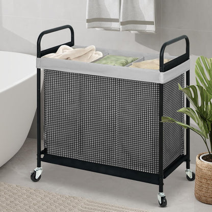 STO STO Laundry Hamper 3 Section, 120L Rolling Laundry Sorter Cart with Removable and Washable Liner Bag, Clothes Hamper with Wheels and Metal Handle for Laundry Room and Bedroom
