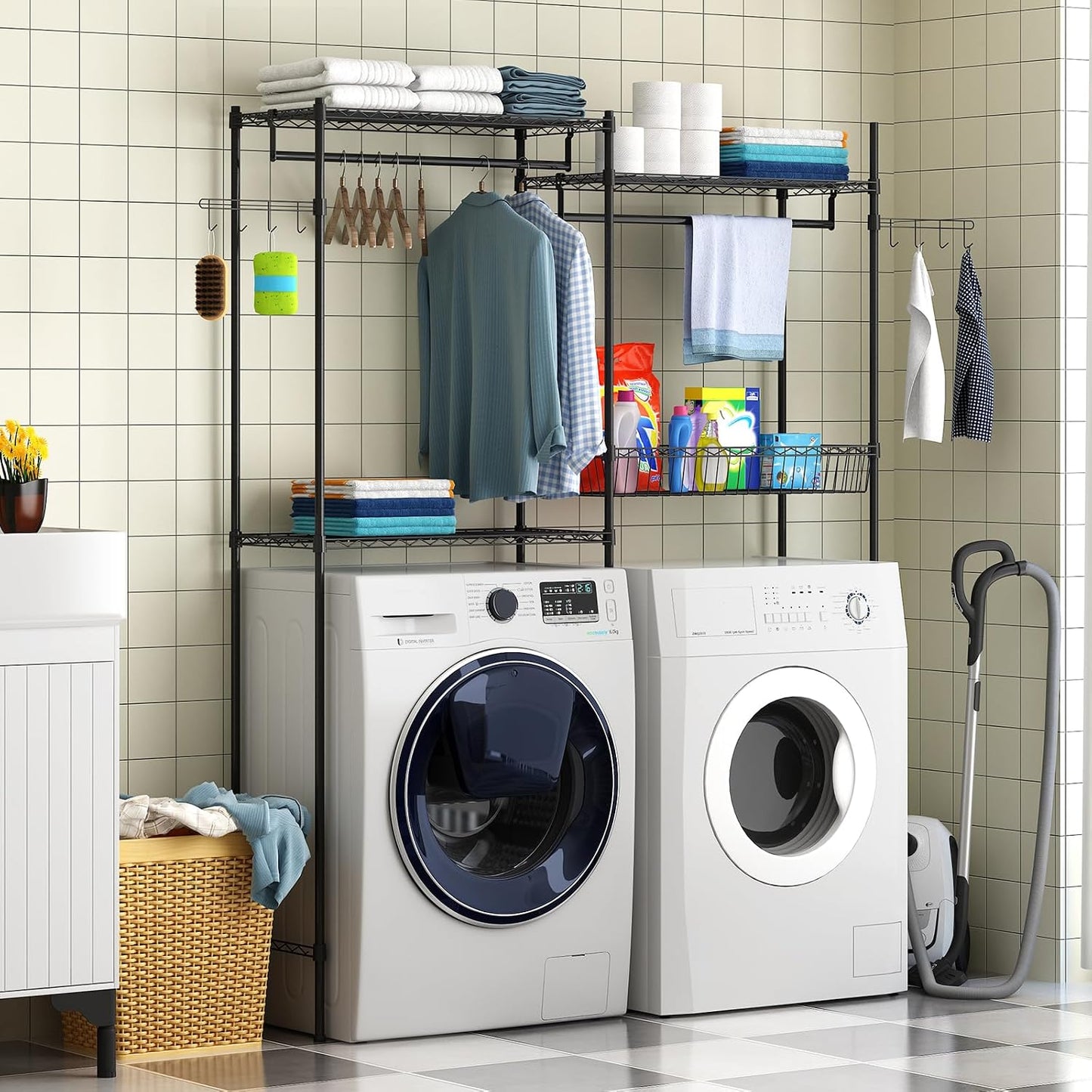 Over Washer and Dryer Storage Shelves, Clothes Drying Rack with Adjustable Shelf, 57.4" W Space Saving Shelving Units with Laundry Hamper and Hooks, Laundry Room Organization and Storage