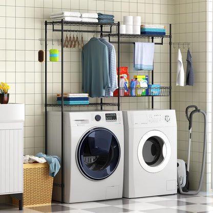 Over Washer and Dryer Storage Shelves, Clothes Drying Rack with Adjustable Shelf, 57.4" W Space Saving Shelving Units with Laundry Hamper and Hooks, Laundry Room Organization and Storage