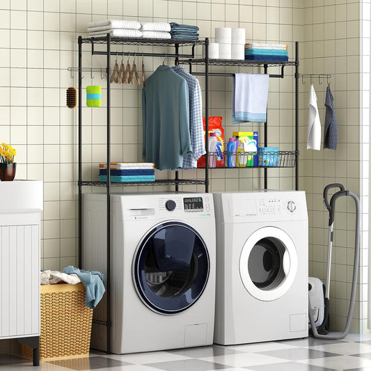Over Washer and Dryer Storage Shelves, Clothes Drying Rack with Adjustable Shelf, 57.4" W Space Saving Shelving Units with Laundry Hamper and Hooks, Laundry Room Organization and Storage