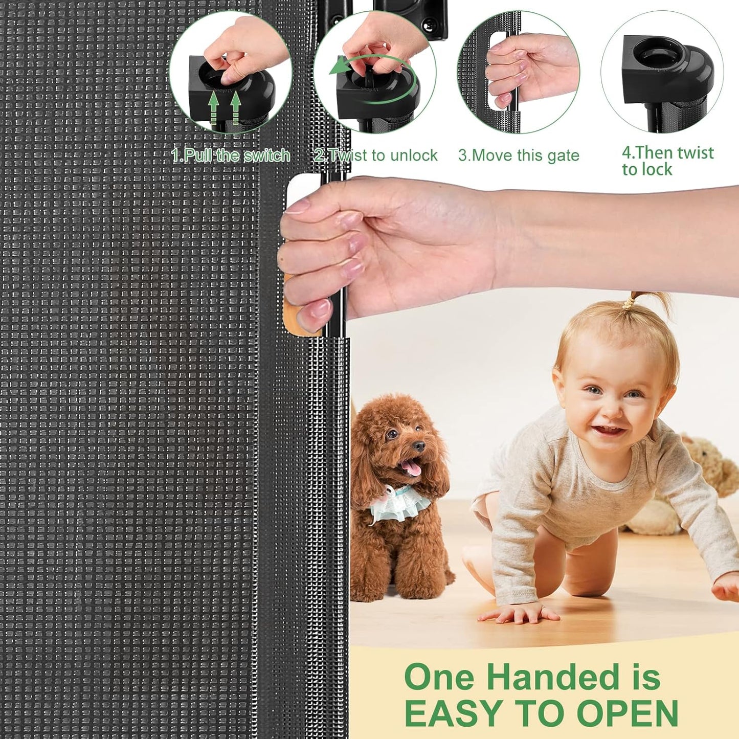 Retractable Baby Gate for Stairs & Doorways, 33" Tall Extends to 71" Wide | Extra Wide Safety Kid Pet Gate, Mesh Dog Gate for Indoor,Outdoor, Hallways One-Handed Operation, Easy Install(33”x71”-Black)