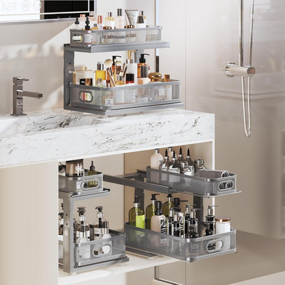 2 Pack 18.5IN-Depth Under Sink Organizer With Next-Gen Ball-Bearing Slides,2-Tier Precision Mesh Pull Out Cabinet Storage for Bathroom&Kitchen,Height Adjustable Drawers Shelf,Anti-rust-White