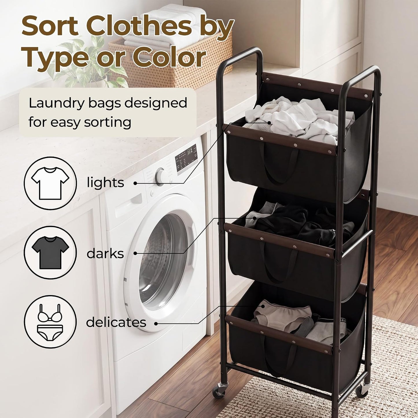 GRANNY SAYS 3 Section Tiered Laundry Sorter, Slim Vertical Laundry Hamper with Wheels, Narrow Rolling Laundry Cart with Removable Bags for Laundry Room, Bathroom, Closet, Dorm, Beige