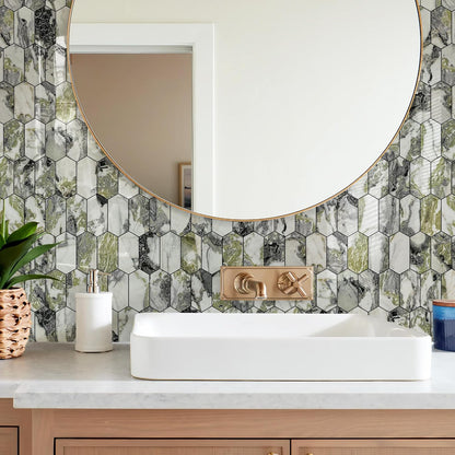 Vamos Tile Long Hexagon Peel and Stick Backsplash Tile - 10 Sheets Stick on Backsplash for Kitchen and Bathroom 12.4 x 12 Inch Glossy Wood Grain PVC Self Adhesive Mosaic Wall Tiles
