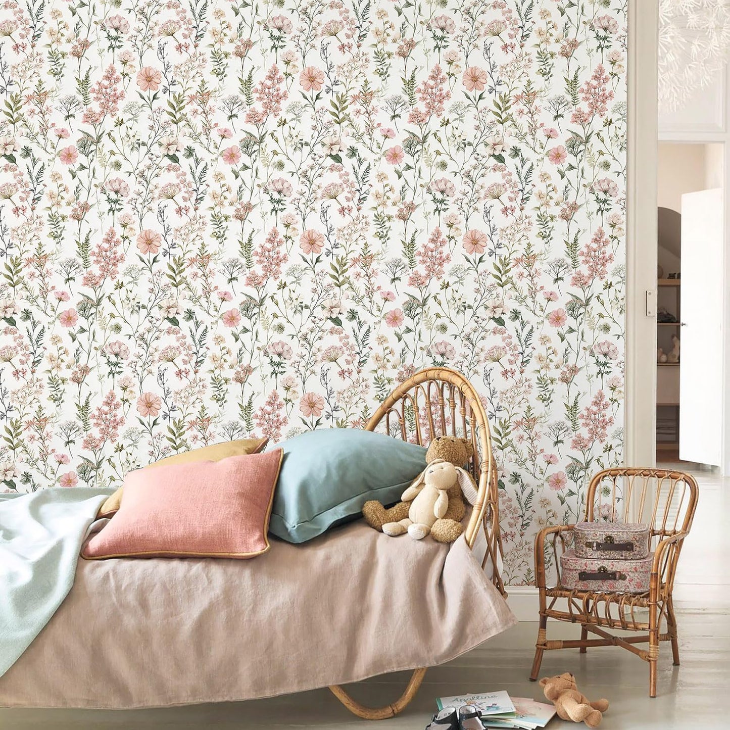 Orainege Pink Floral Peel and Stick Wallpaper Removable Self Adhesive Wallpaper 16.9inx118.1in Modern Wall Paper for Bedroom Bathroom Green Leaf Contact Paper for Cabinets