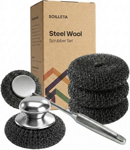 8 Pcs Steel Wool Scrubbers with 2 Pcs Handle,Stainless Steel Scouring Pads for Cast Iron Skillets, Grill & Kitchen Pots - Rust Resistant, Non-Splintering Heavy Duty for Tough Grease