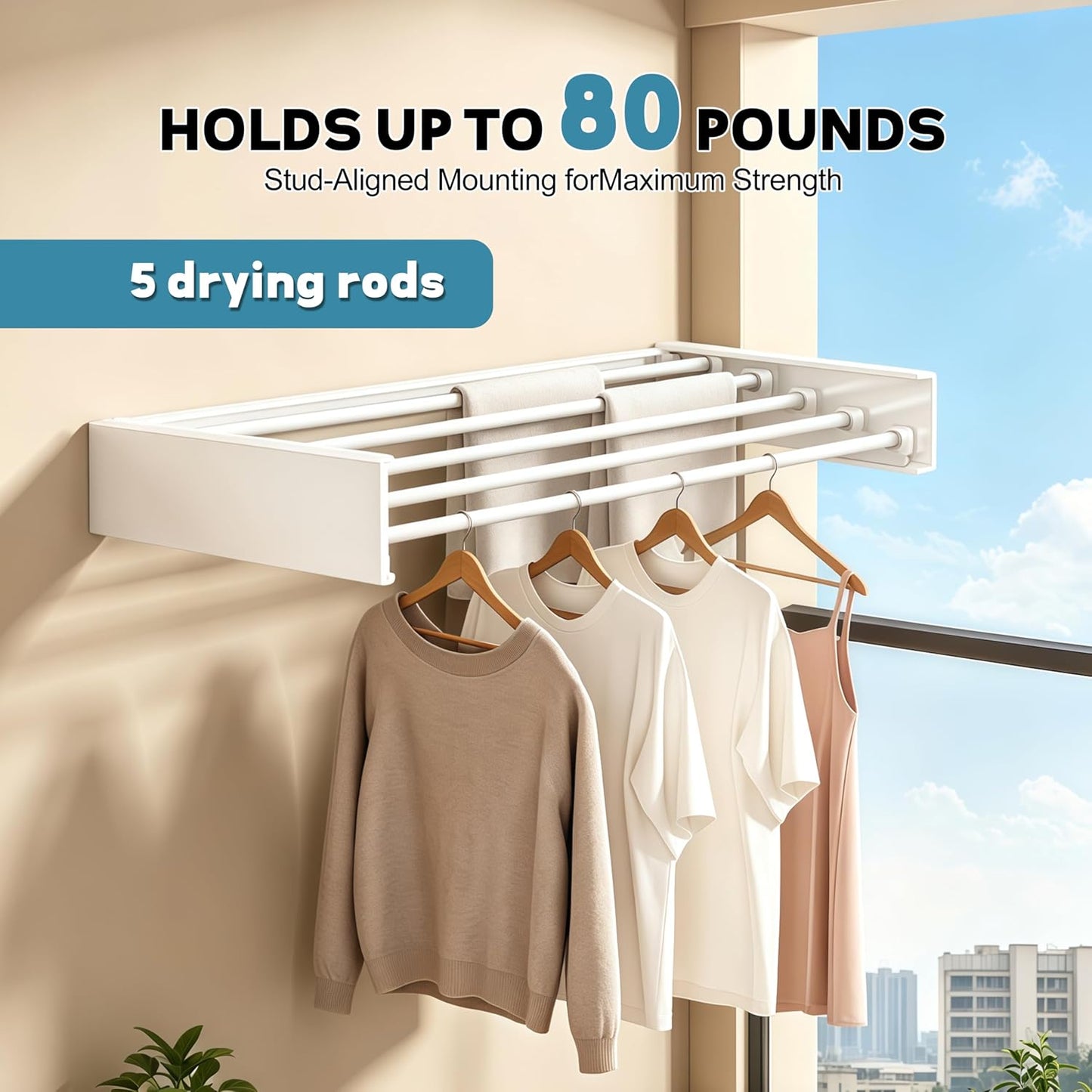 Wall Mounted Clothes Drying Rack 31.5" Wide，Foldable Wall Mount Laundry Rack with 5 Aluminum Rods,Retractable and Foldable Space-Saving Wall Mounted Clothes Drying Rack White