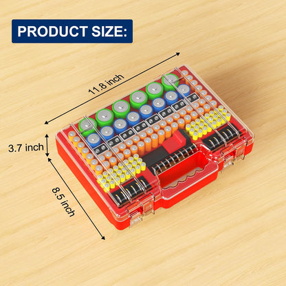 Molutsody Battery Organizer Box with Tester, Storage Case Holds 260 Batteries, Double Clear Locking Lid for AA AAA C D 9V - Red (Batteries Not Included)