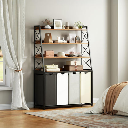 Herture Laundry Basket, 3 Section Laundry Hamper with 4 Tiers Shelf, Pull-Out and Removable Laundry Bags, Large 3 x 15.87 Gallons, for Laundry Room Bathroom Rustic Brown PF05XLN