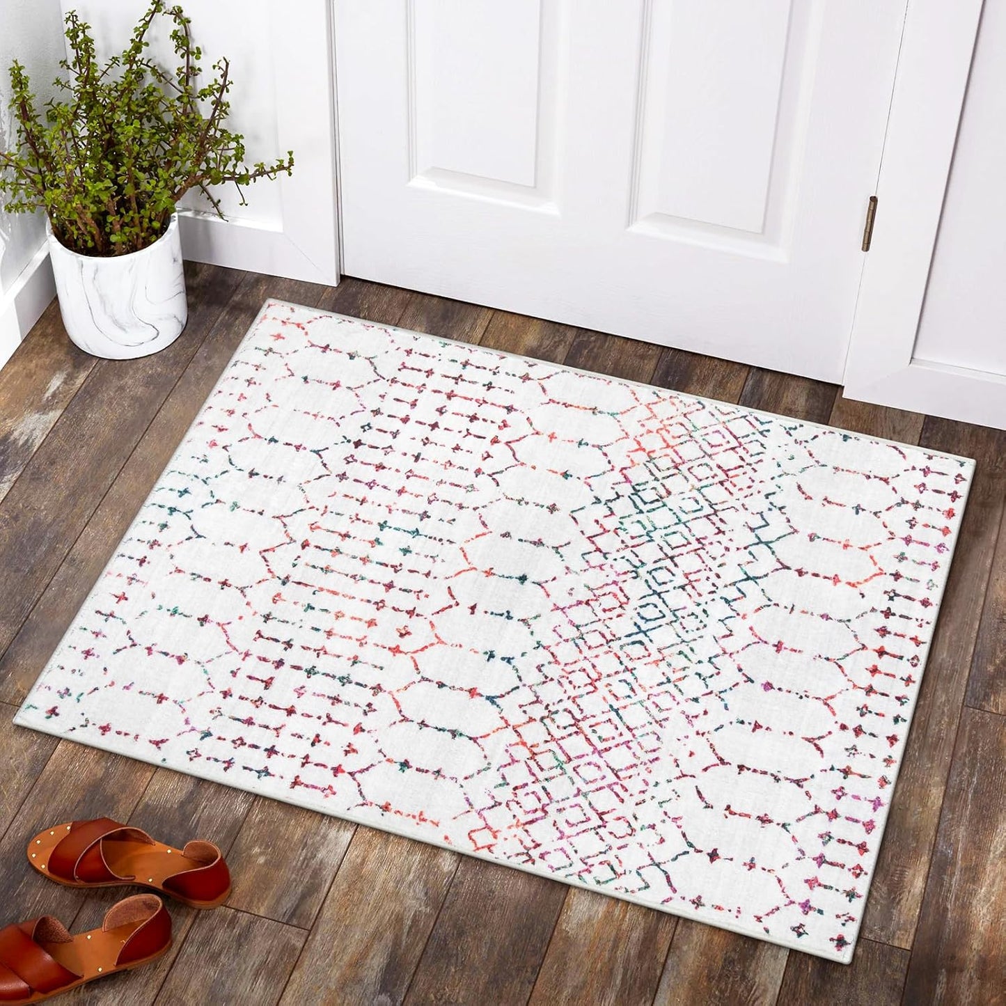 Lahome Moroccan Entry Rug 2x3, Non-Slip Washable Front Indoor Door Mat Rubber Backing Low-Profile Door Rugs, Small Geometric Print Distressed for Entryway Bathroom Kitchen, Black Hana