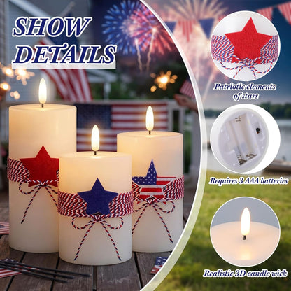 4th of July 4" 5" 6" Flameless Pillar Candles with Remote, Set of 3 Patriotic Red White Blue Battery Operated LED Candle with Star Felt, Independence Day Decorations for Home Party Table Fireplace