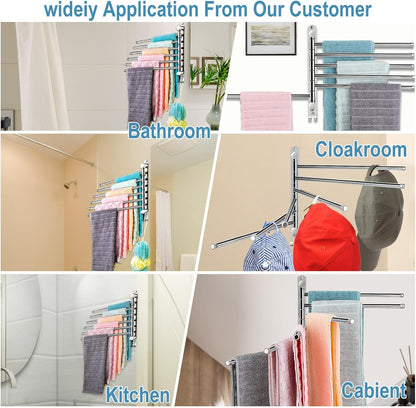 5-Arm Swivel Towel Rack - 180° Rotating Wall Mounted, 304 Stainless Steel Rustproof, Heavy Duty Bathroom Accessories, Space Saving Towel Organizer for Bathroom Kitchen Laundry - Pearl White