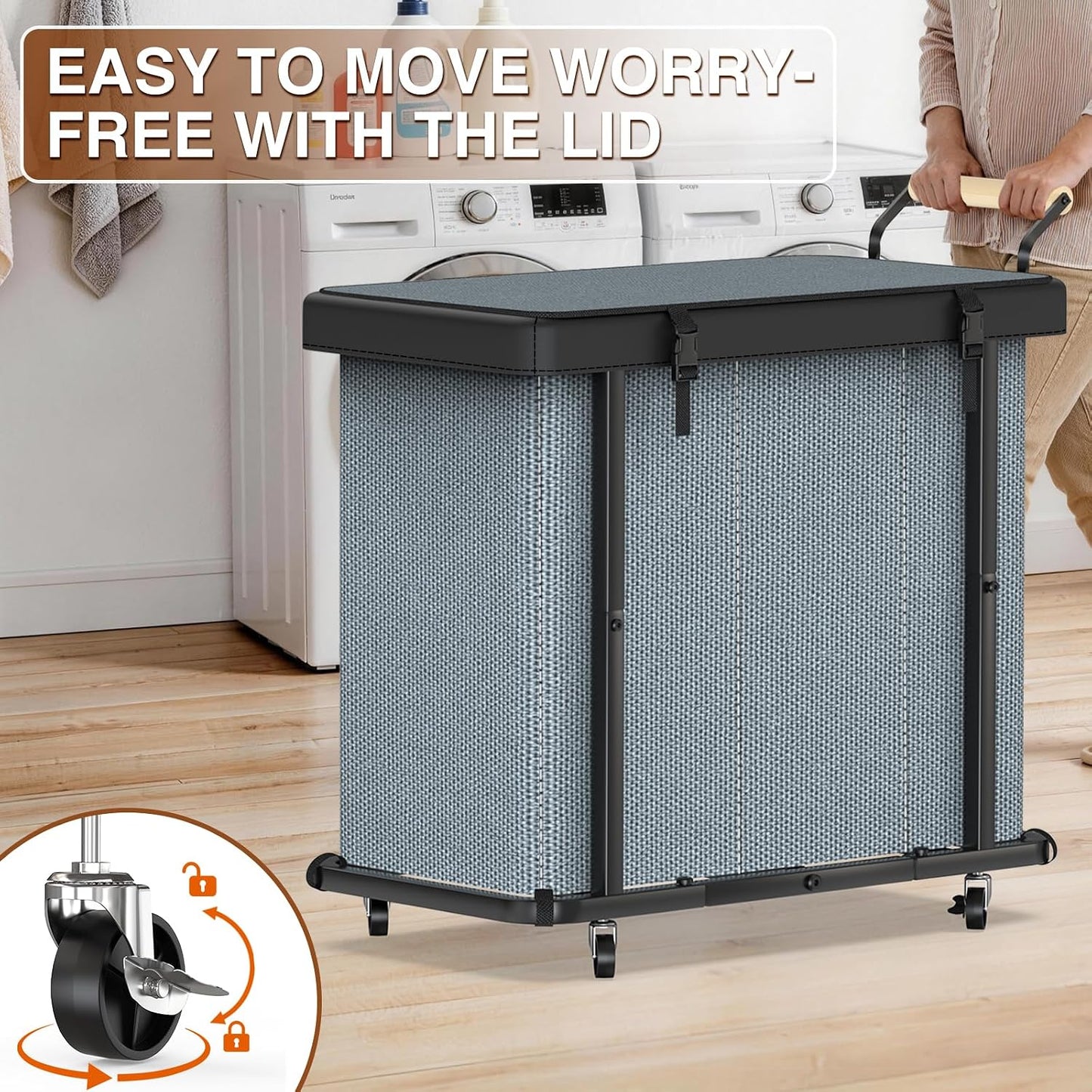 Rolling Laundry Hamper with Wheels, Laundry Hamper 3 Section with Lid, Laundry Basket with Rolling Lockable Wheels and Handle, Laundry Basket Organizer for Laundry Room, Bedroom 230L Black