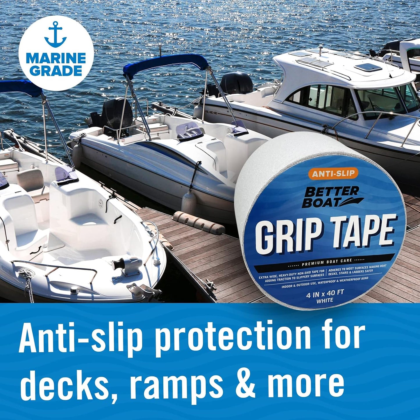 Better Boat Anti Slip Tape for Outdoor Stair Treads, Non-Skid Grip for Stairs and Steps, 4" x 40ft Roll, Clear Waterproof Traction, Weather-Resistant Friction Floor Tread for Dogs and Steps
