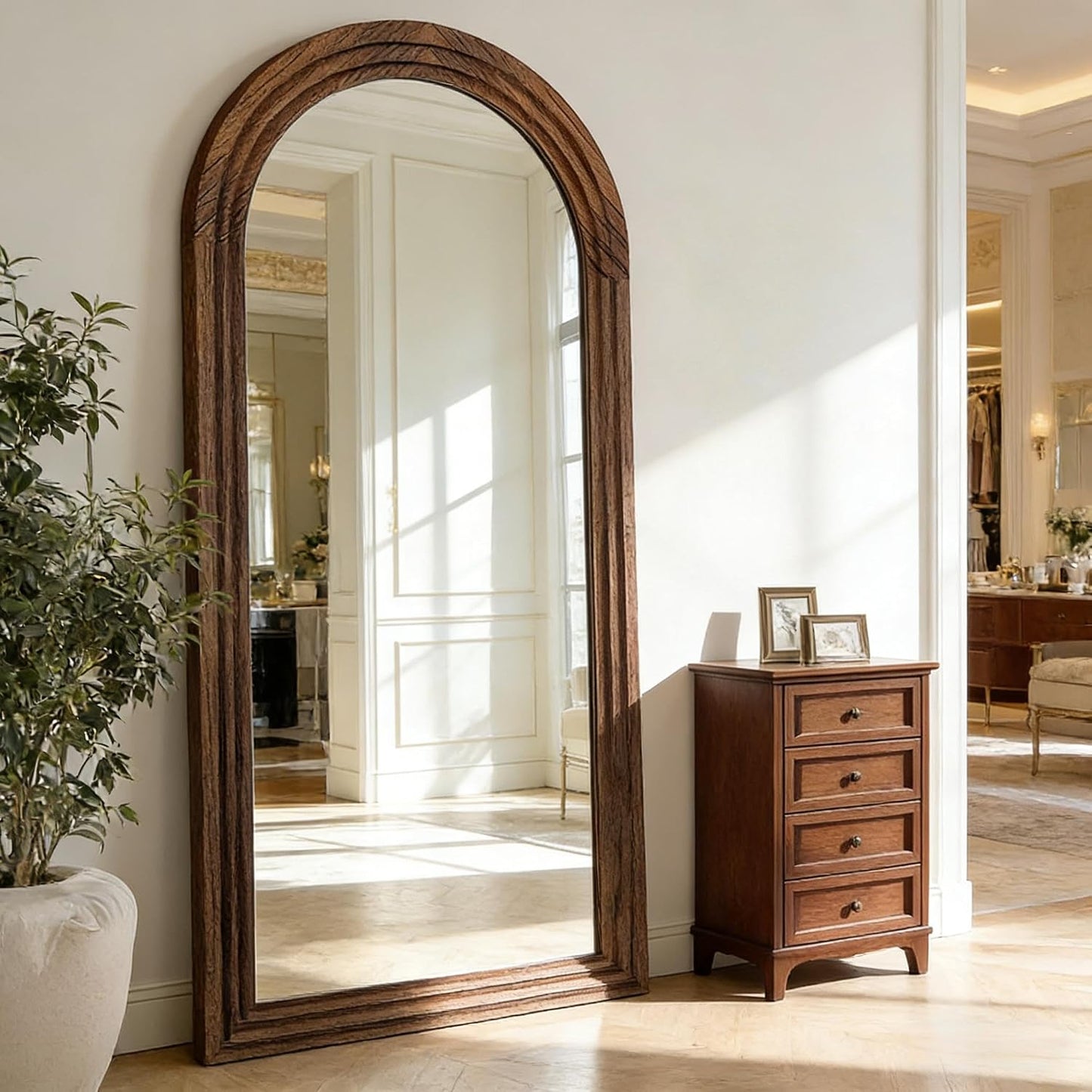 Full Length Mirror with Solid Wood Frame & Stand, 71"x32" Oversized Arched Floor Mirror, Charred Wood Finish Wall Mounted or Leaning Mirror for Bedroom Living Room, Burnt Brown