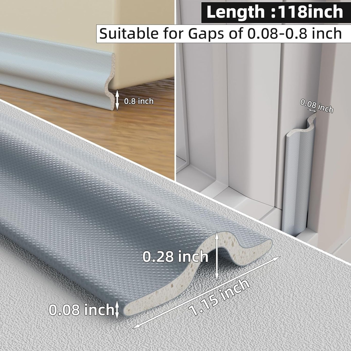 118 inch Weather Stripping Door Seal Strip for Bottom of Door,Self-Adhesive Window Draft Stopper Foam Seal Strip,Soundproof Window Insulation Weather Strip for Winter Gap Blocker(White)