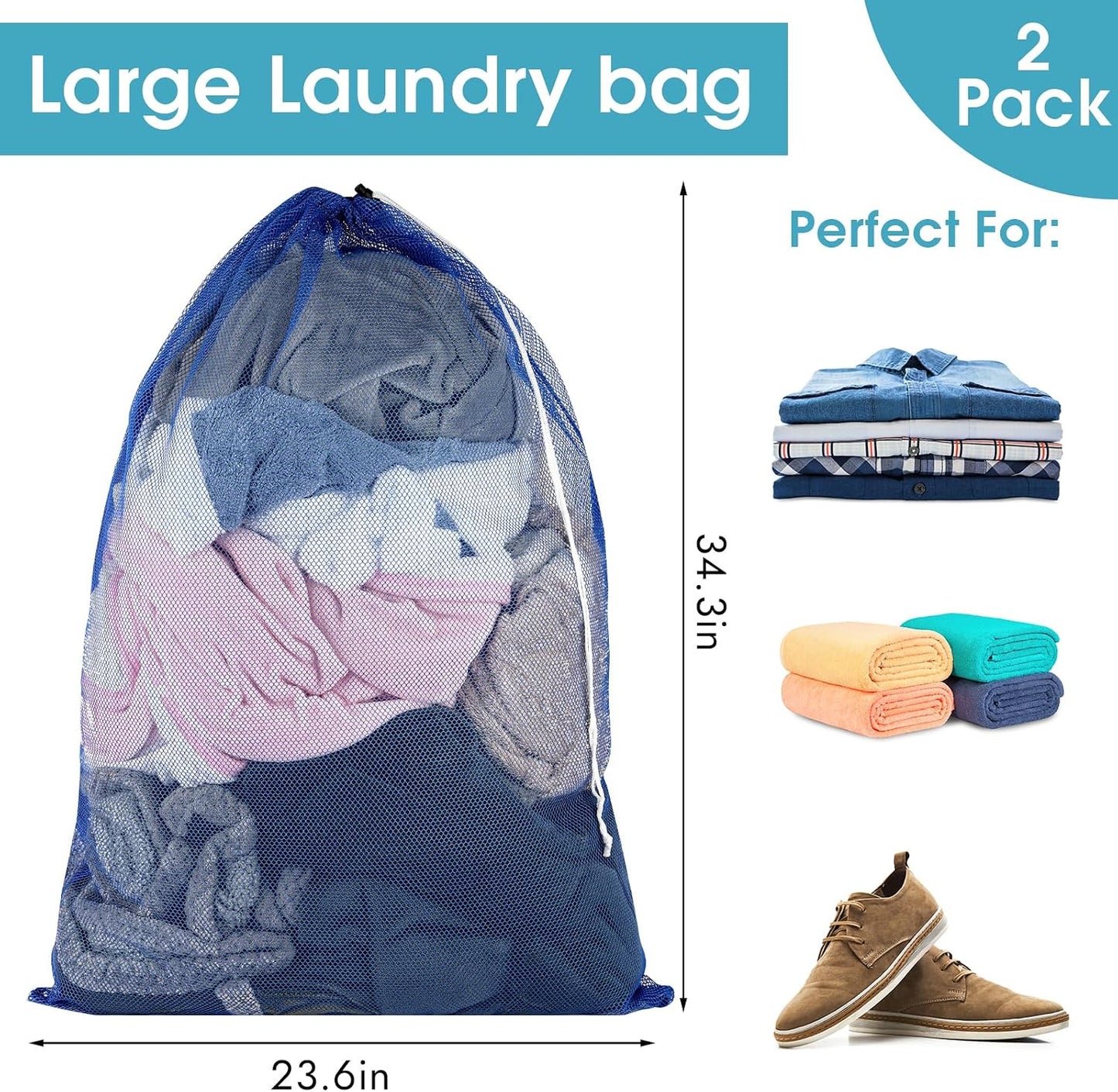 2 Pack Mesh Laundry Bags, 23 x 34 Inches Heavy Duty Mesh Laundry Bag, Large Laundry Drawstring Bag for College, Dorm, Travel, Family and Apartment Dwellers, Black