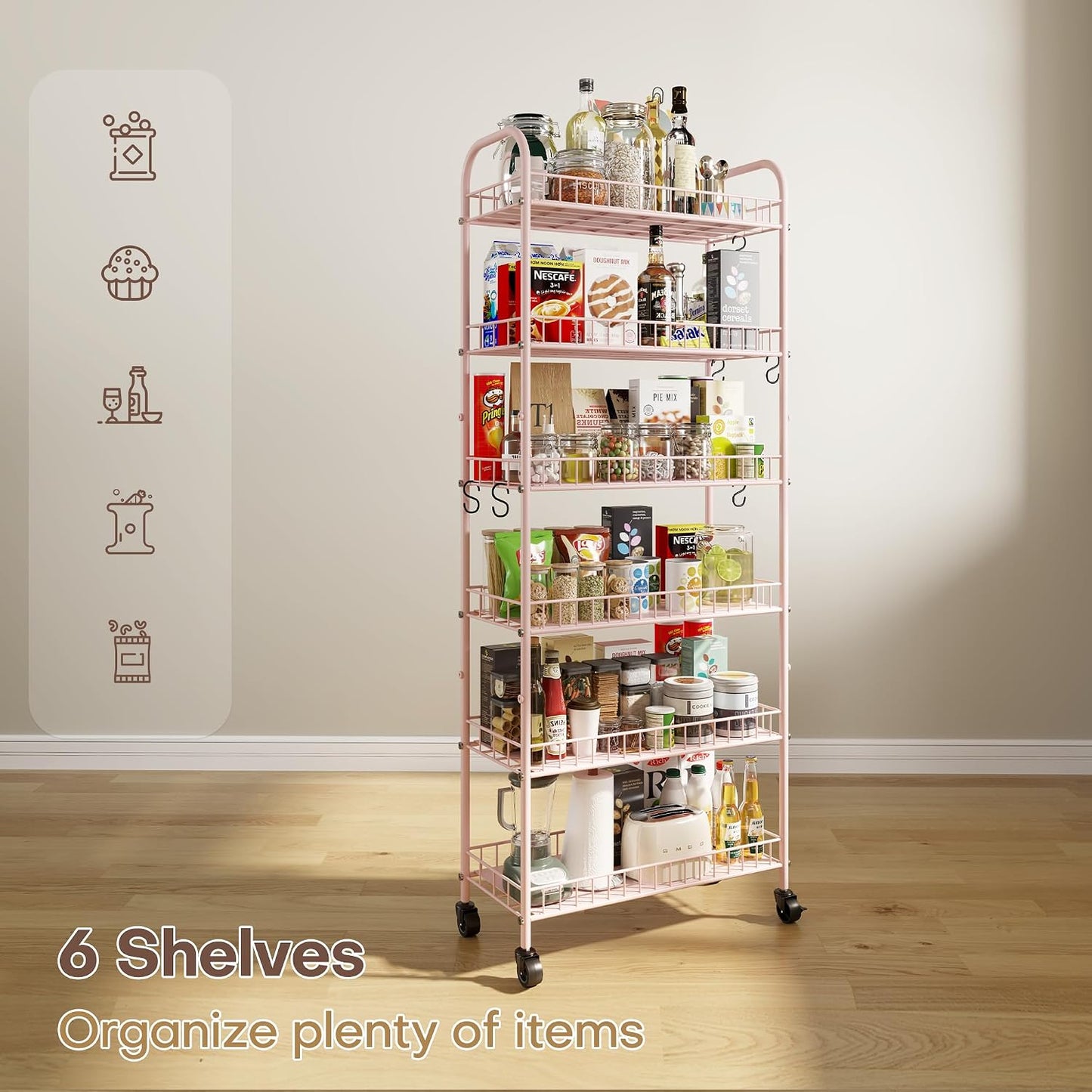 Slim Rolling Storage Cart with Wheels, Metal 6 Tier Spice Rack Mobile Shelving Unit Organizer Kitchen Utility Cart for Office Bathroom Kitchen Laundry Room Narrow Places (6inches)
