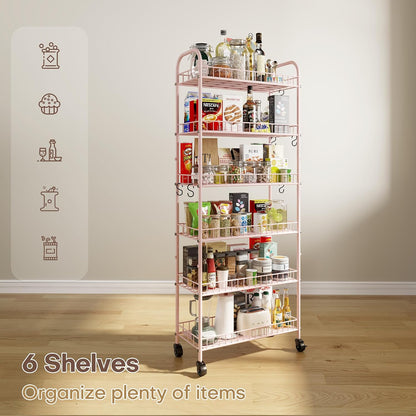 Slim Rolling Storage Cart with Wheels, Metal 6 Tier Spice Rack Mobile Shelving Unit Organizer Kitchen Utility Cart for Office Bathroom Kitchen Laundry Room Narrow Places (6inches)