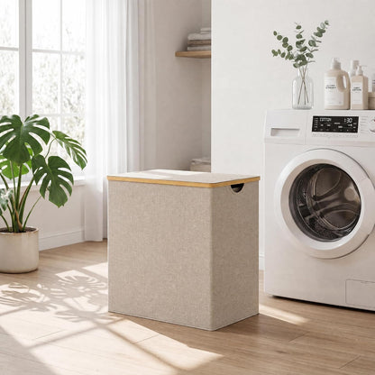 efluky Laundry Hamper with Lid, Trio Laundry Basket with 2 Removable Bags, 3 Section Laundry Bin with Bamboo Handles for Bathroom, Bedroom & Laundry Room, 160L (42.3 Gallon) Beige