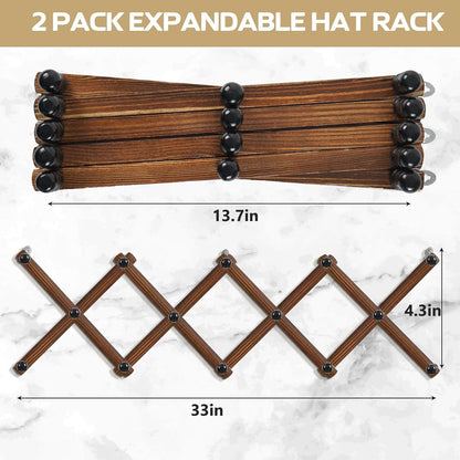 WGFKVAS 2 Pack Accordion Hat Rack for Wall - Expandable Coat Rack & Wall Mounted Hat Holder - Wooden Wall Hanger with 10 Peg Hooks for Coats, Baseball Caps, Keys & Mugs