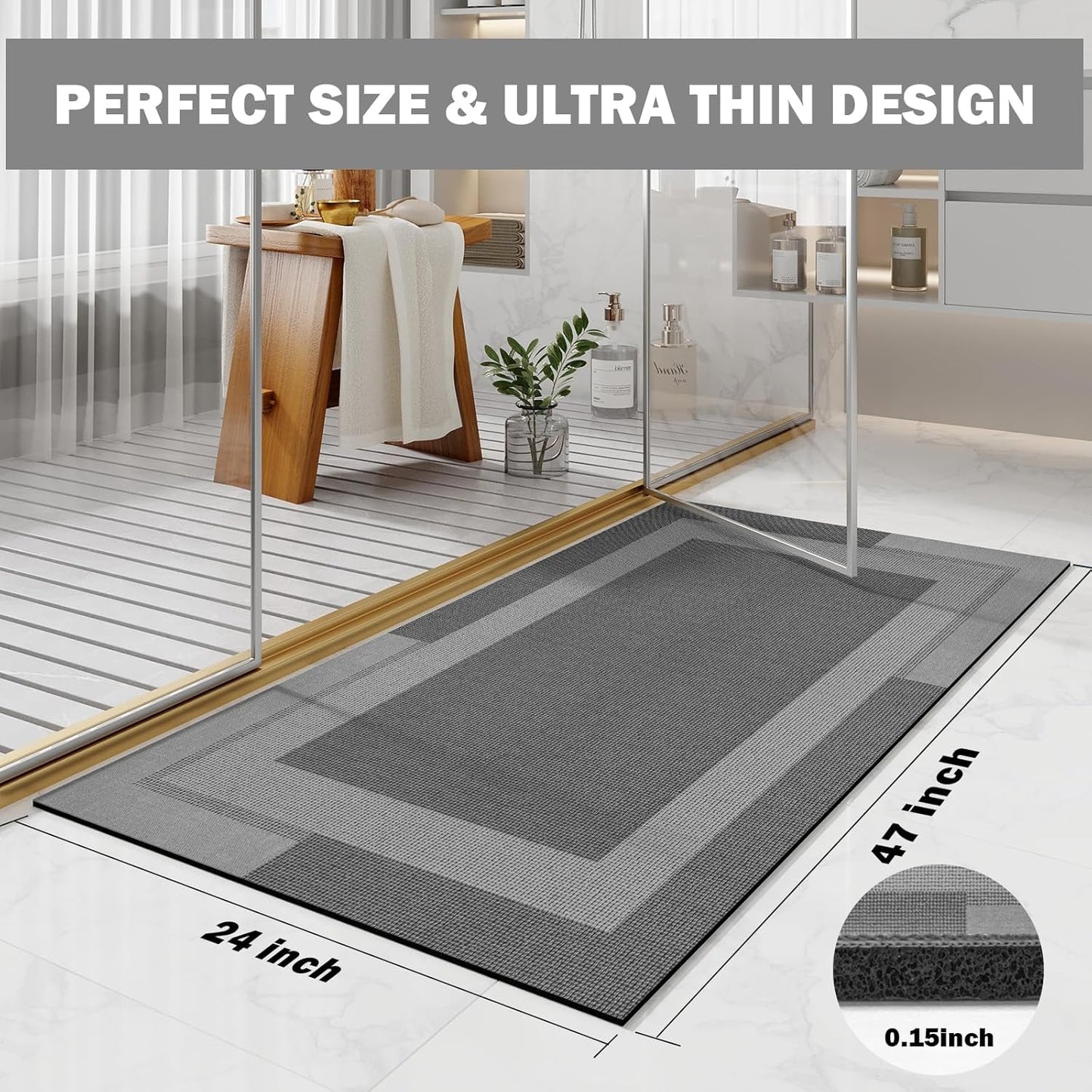 YDKGL Non Slip Bath Mat, Rubber Backing Ultra Thin Bathroom Rugs Fit Under Door Quick Dry Super Absorbent Washable Bath Rug Shower Mat for Bathroom Floor Bathtub Shower Sink, Easy Care Blue 16"x 24"