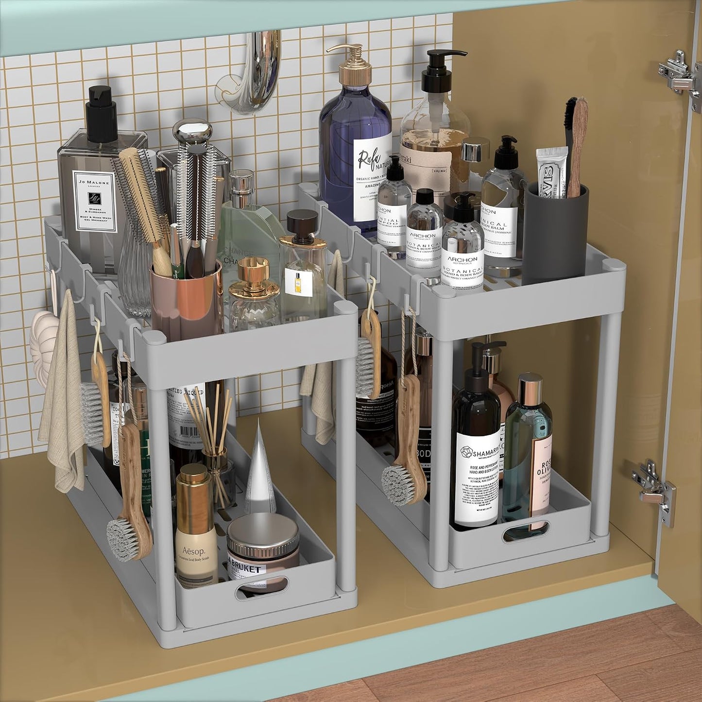 2 Pack Pull-Out Storage Organizers, Under Sink Organizer and Storage for Bathroom & Kitchen,Multi-Purpose Under Cabinet Organizers and storage Black