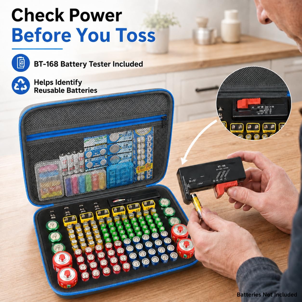 ALKOO 136+ Battery Organizer Storage Case with BT-168 Tester | AA AAA C D 9V & Button Cells Batteries Holder Box, Foam Protection, Home / Garage / Drawer Organization, Case Only, Red