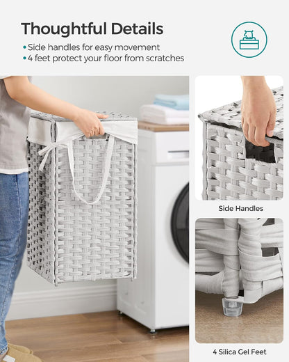 SONGMICS Laundry Hamper with Lid, 23.8 Gallon (90 L) Synthetic Rattan Clothes Laundry Basket with Lid and Handles, Foldable, Removable Liner, Chestnut Brown ULCB051K02