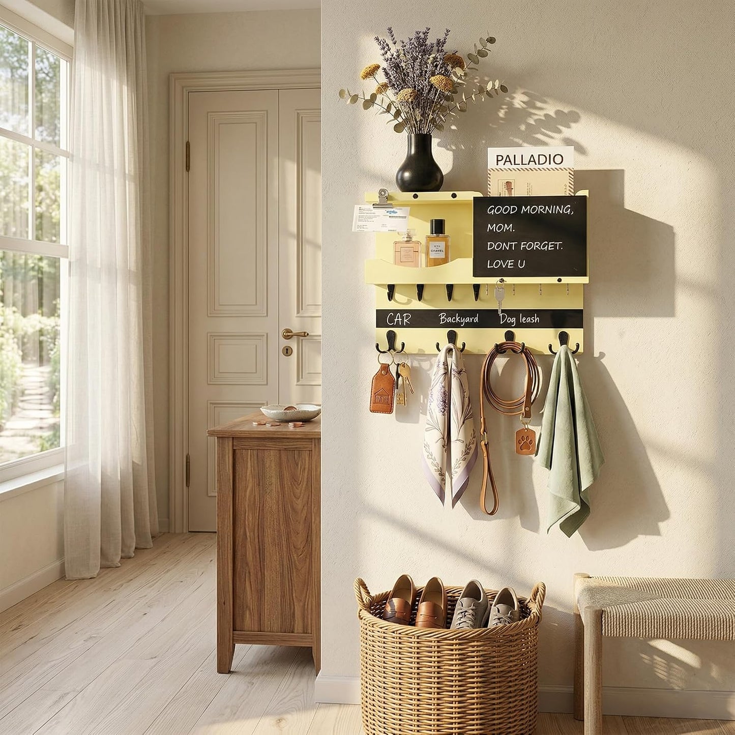 Key Holder for Wall Mount with Shelf and Mail Organizer, Key and Mail Holder with 16 Hooks, Farmhouse Entryway Organizer, Home Decor Rack (Pine Wood, Black)