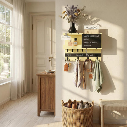 Key Holder for Wall Mount with Shelf and Mail Organizer, Key and Mail Holder with 16 Hooks, Farmhouse Entryway Organizer, Home Decor Rack (Pine Wood, Black)