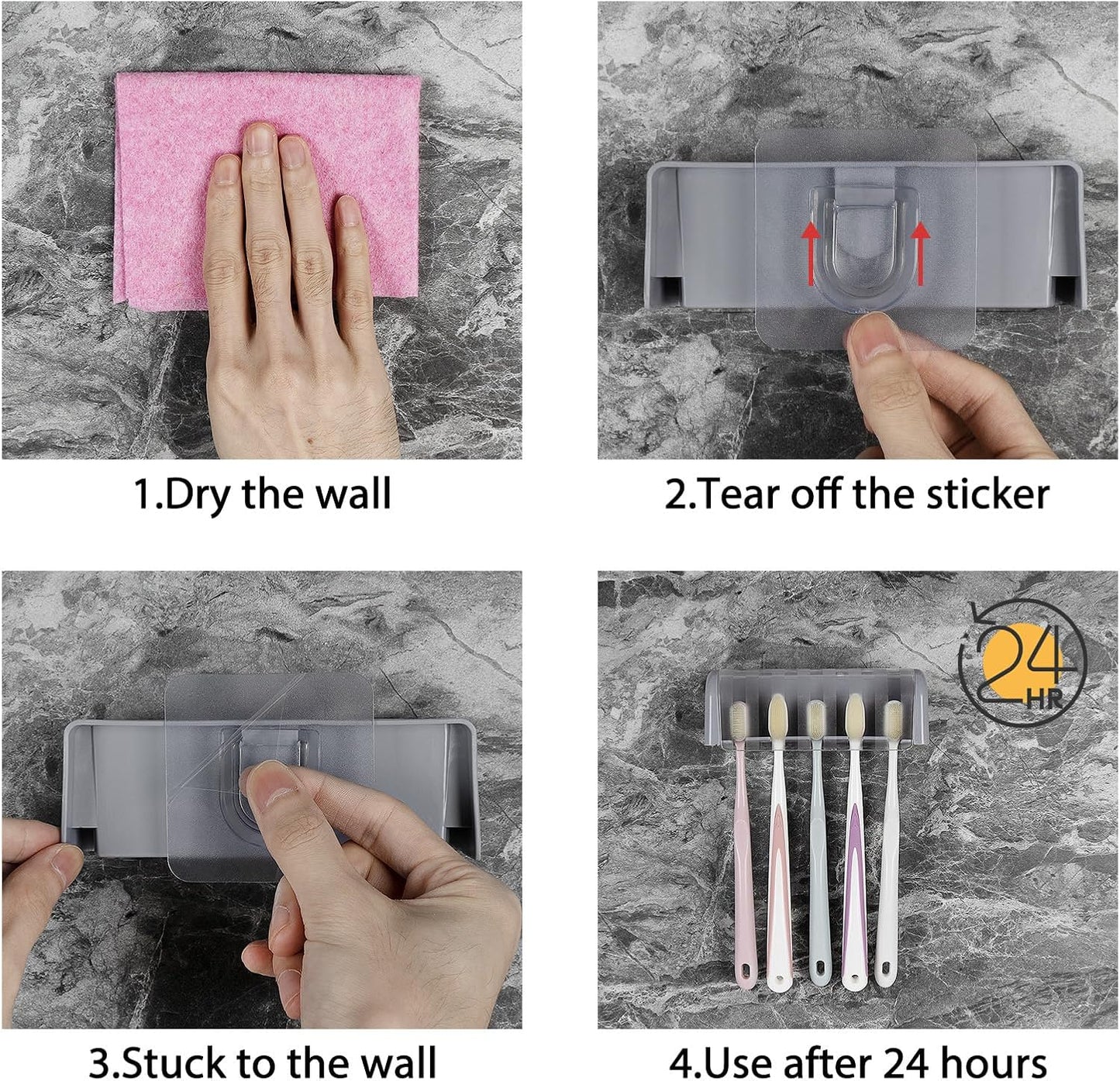 5 Slots Wall Mount Toothbrush Holder with Cover, Self Adhesive Toothbrush Storage Organizer for Shower, Toothbrush Hanger with Automatic Toothpaste Squeezer Dispenser