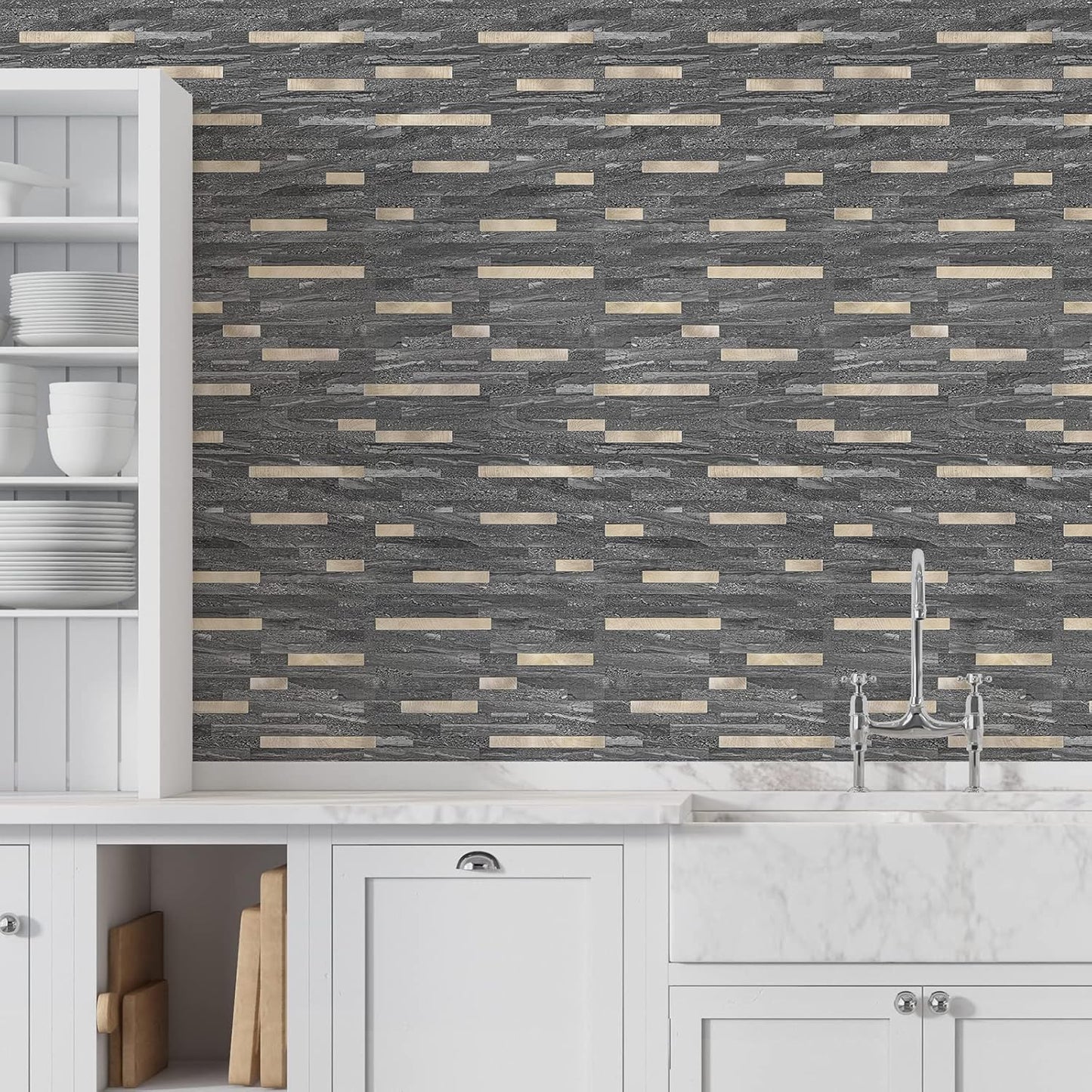 STICKGOO 20 Sheets Peel and Stick Backsplash Tile, Stick on Backsplash for Kitchen and Bathroom, White Sandstone Look PVC Mixed Metal Gold Self Adhesive Wall Tiles
