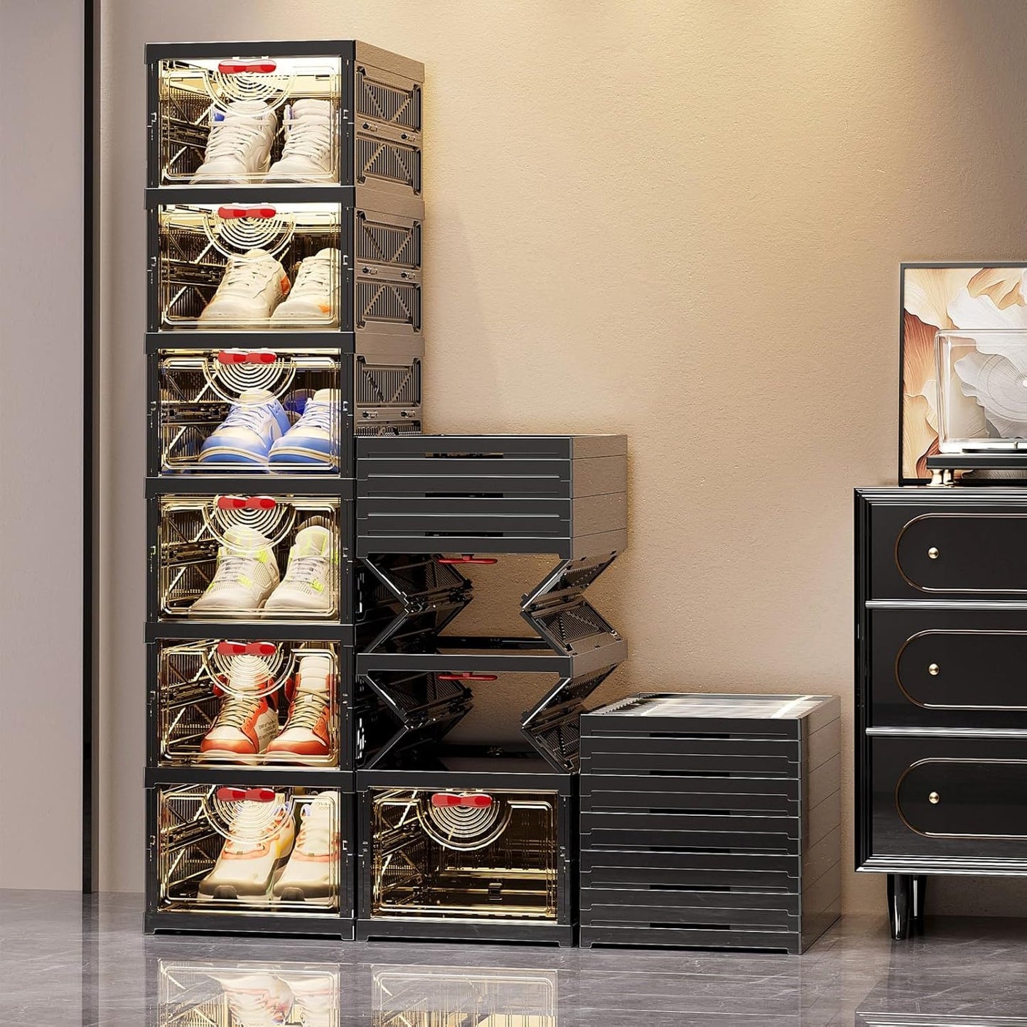 Foldable Shoe Rack Organizer Stackable Shoe Storage Box for Entryway, Closet & Bedroom Large Capacity Sneaker Containers Bins with Lids 6 Pack Black