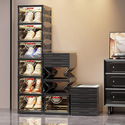 Foldable Shoe Rack Organizer Stackable Shoe Storage Box for Entryway, Closet & Bedroom Large Capacity Sneaker Containers Bins with Lids 6 Pack Black