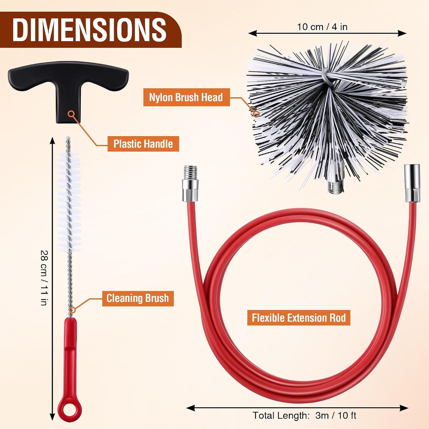 Feekoon Pellet Stove Cleaning Kit, 10 FT Flexible Steel Rod with 3" Brush Head, Flue Detail Cleaner, Pellet Stove Accessories for Vent Pipes Cleaning - Reduce Buildup & Improve Airflow