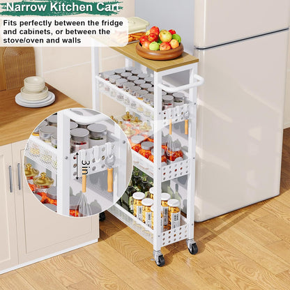 Utility Slim Storage Cart, 4-Tier Narrow Bathroom Organizers and Storage Cart, Narrow Metal Kitchen Laundry Room Organization Shelf with Wood Top, Slim Rolling Carts with Wheels for Small Space