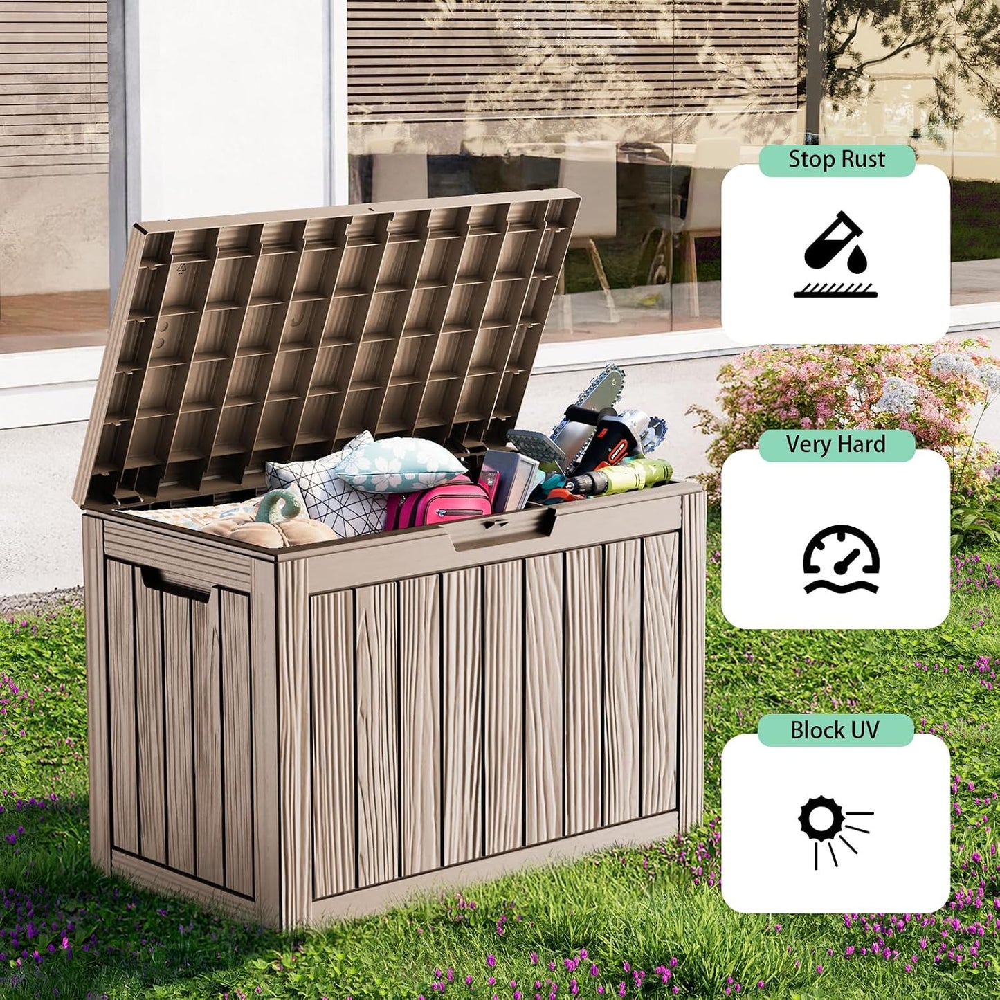 60 Gallon Outdoor Waterproof Storage Box, UV Resistant Resin Deck Box with Built-in Handle, Outdoor Storage Container for Patio Furniture, Garden Tools, Patio Cushions, Black